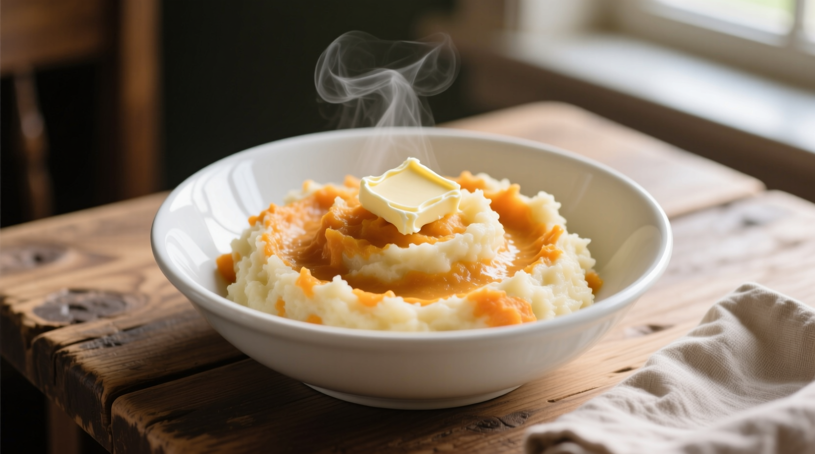 Kartoffel- und Süßkartoffelpüree in weißer Schüssel