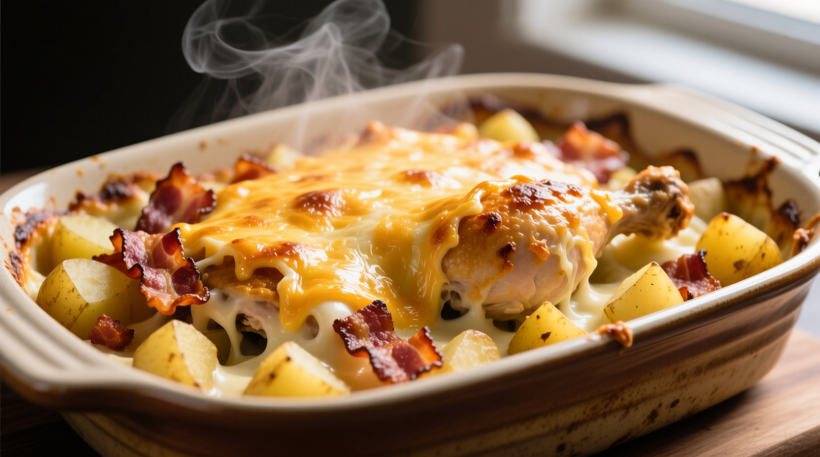 Golden baked chicken bacon potato casserole with melted cheese