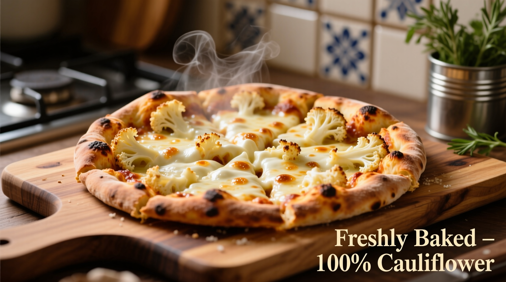 Freshly baked cauliflower pizza with visible vegetable texture