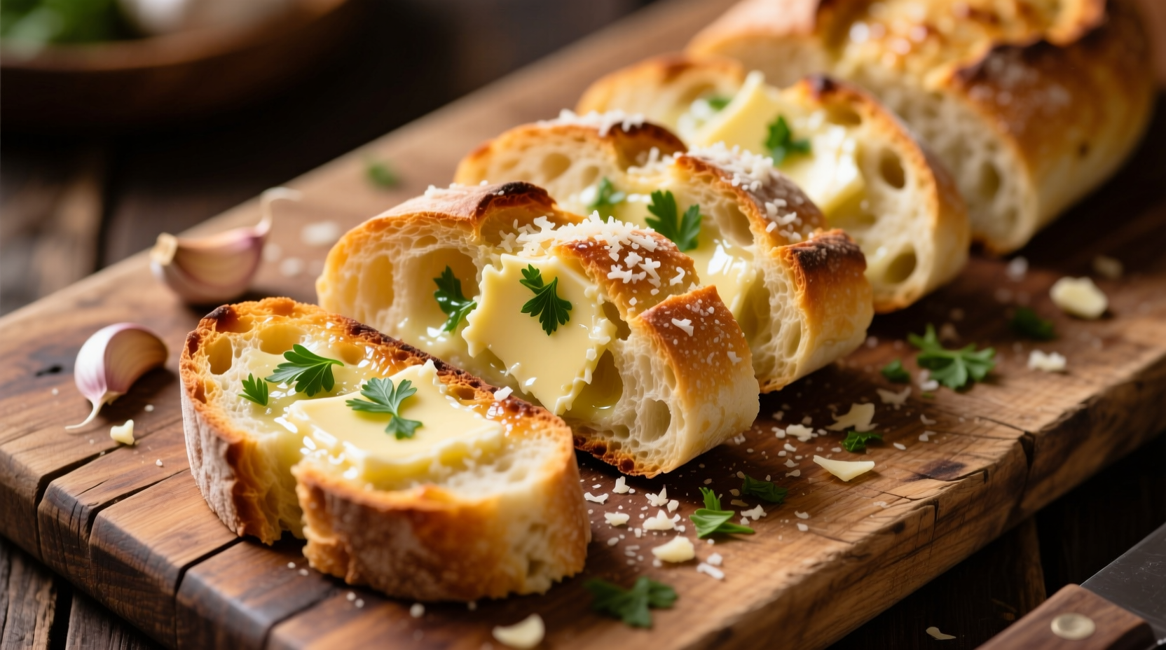 Sliced Furlani garlic bread on wooden cutting board