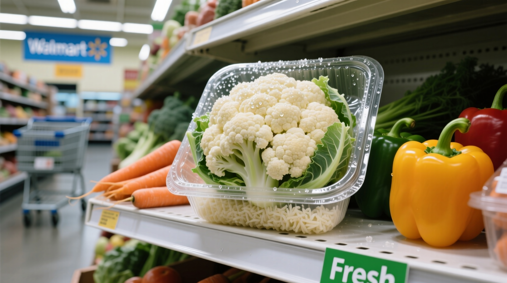 Fresh cauliflower rice in Walmart produce section