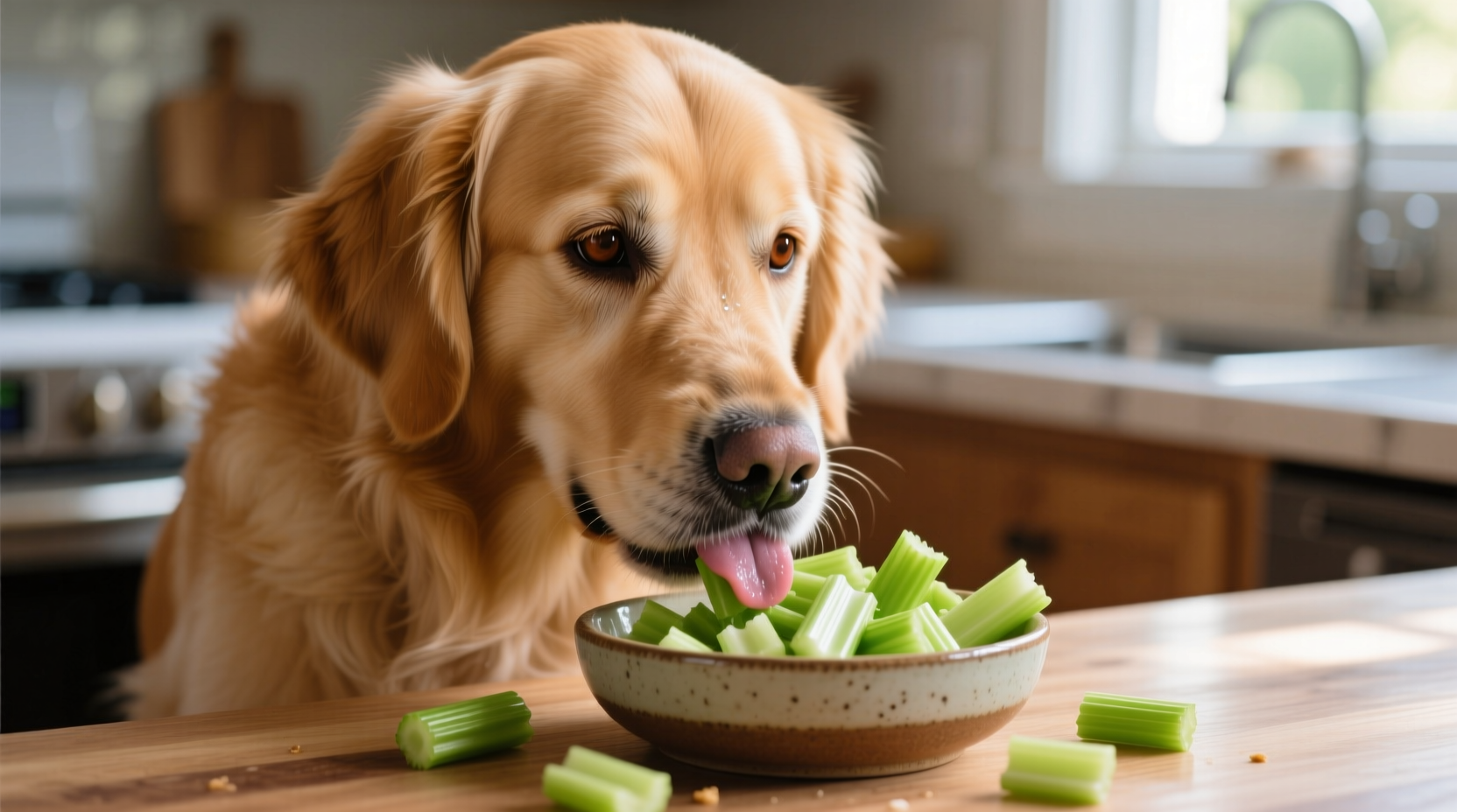 Dog safely eating chopped celery pieces