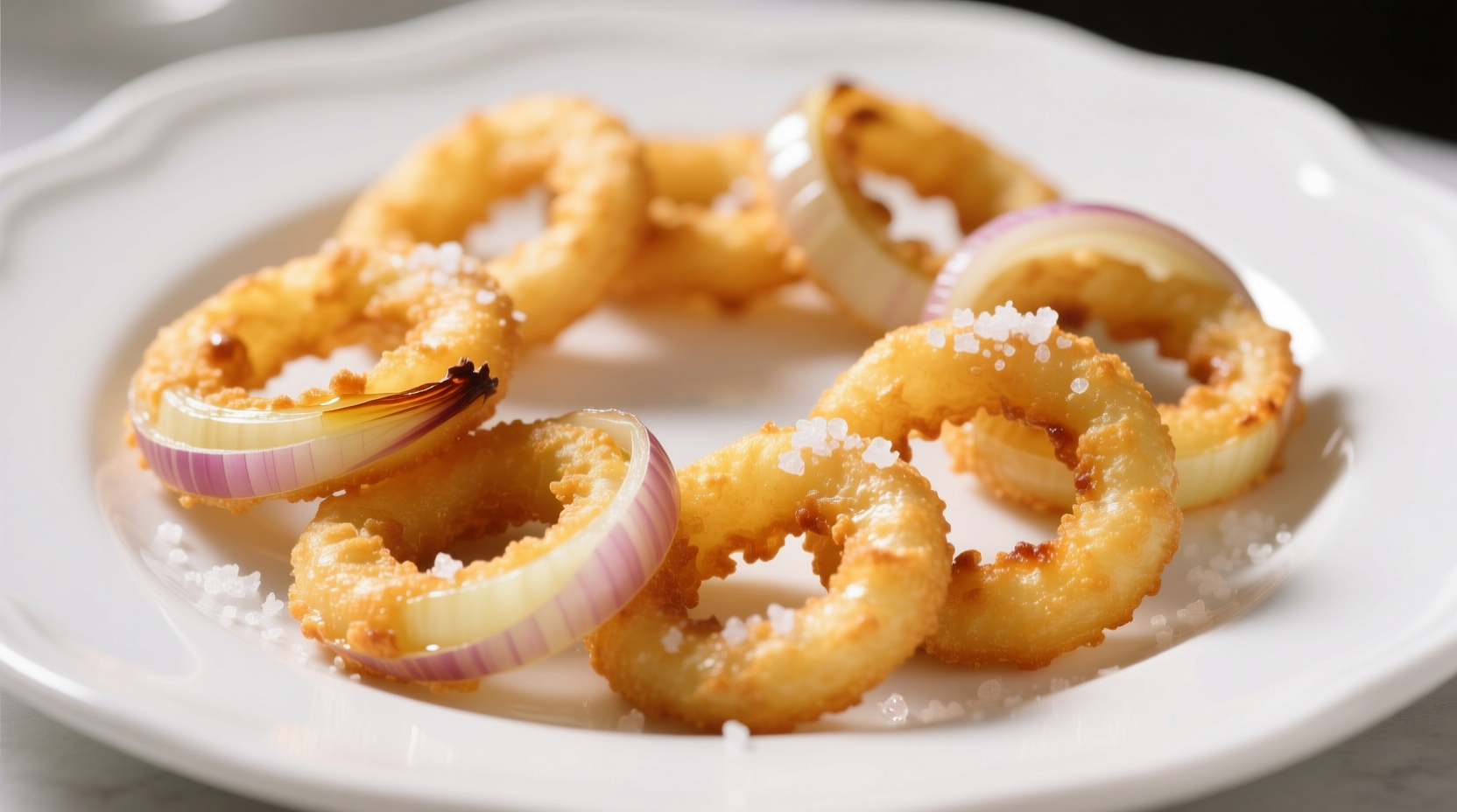 Crispy golden onion rings on white plate