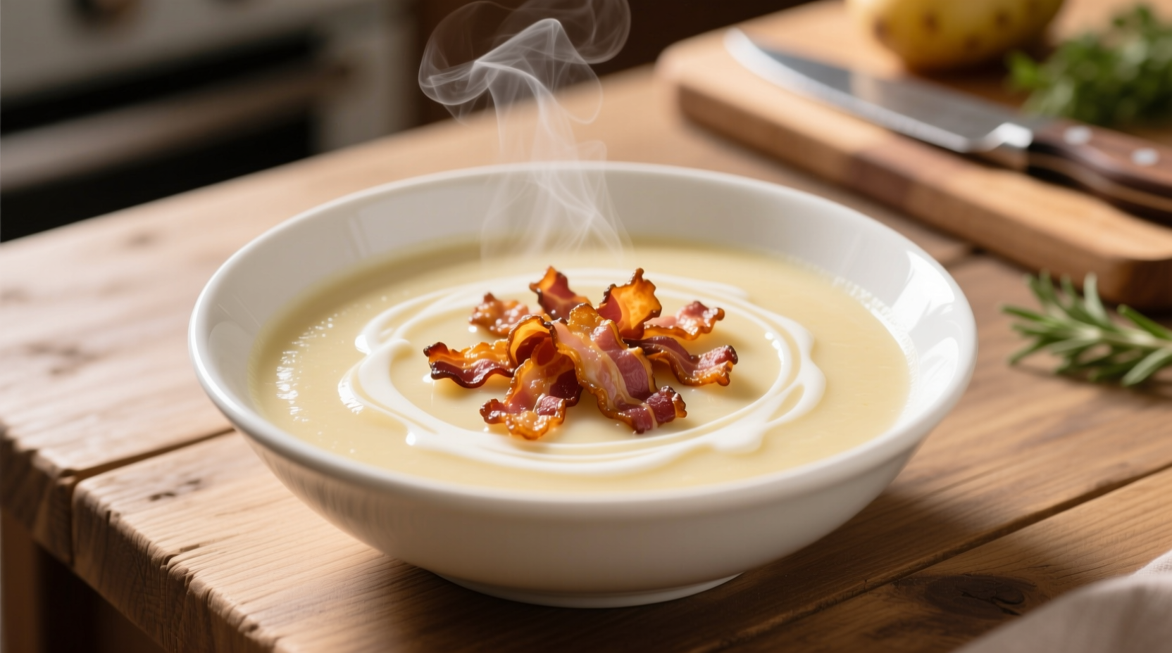 Creamy potato soup in white bowl with bacon garnish