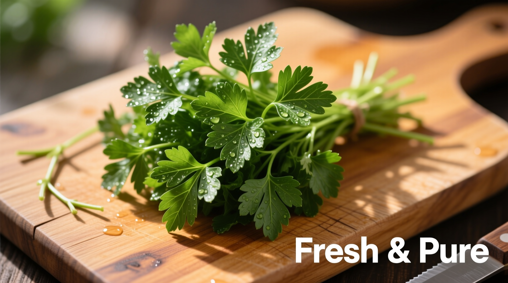 Fresh Italian parsley bunch on wooden cutting board