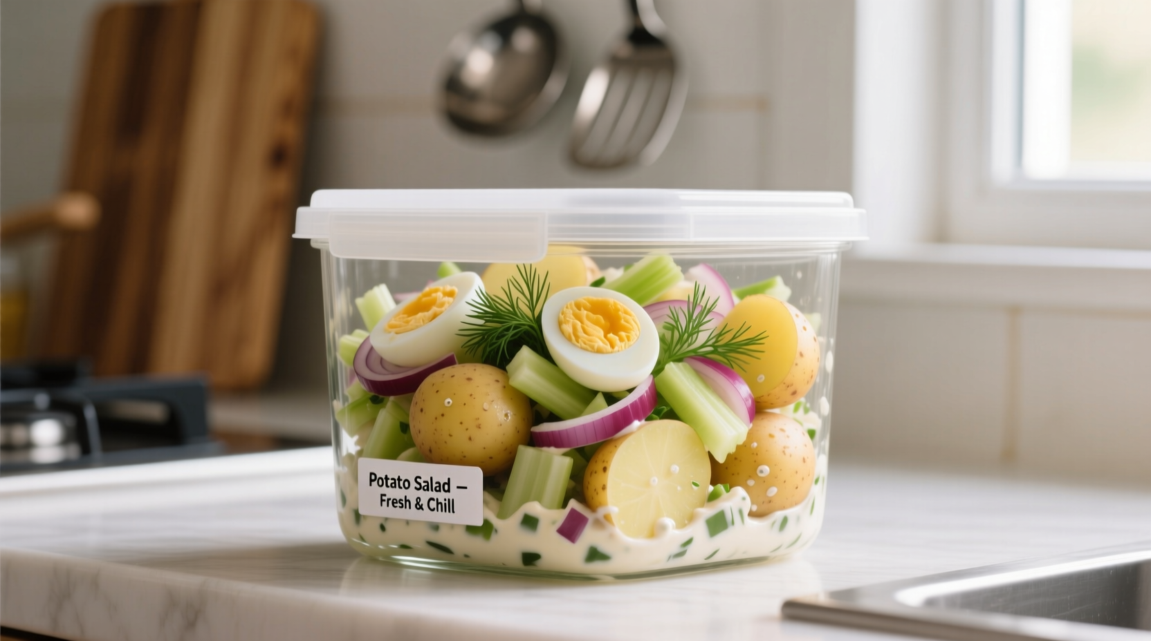 Properly stored potato salad in airtight container