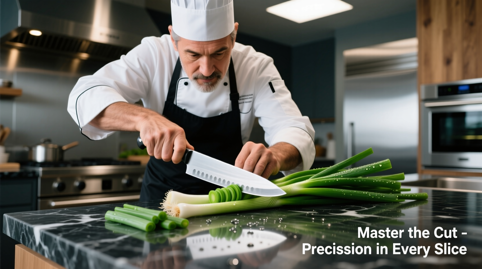 Professional chef demonstrating green onion cutting technique