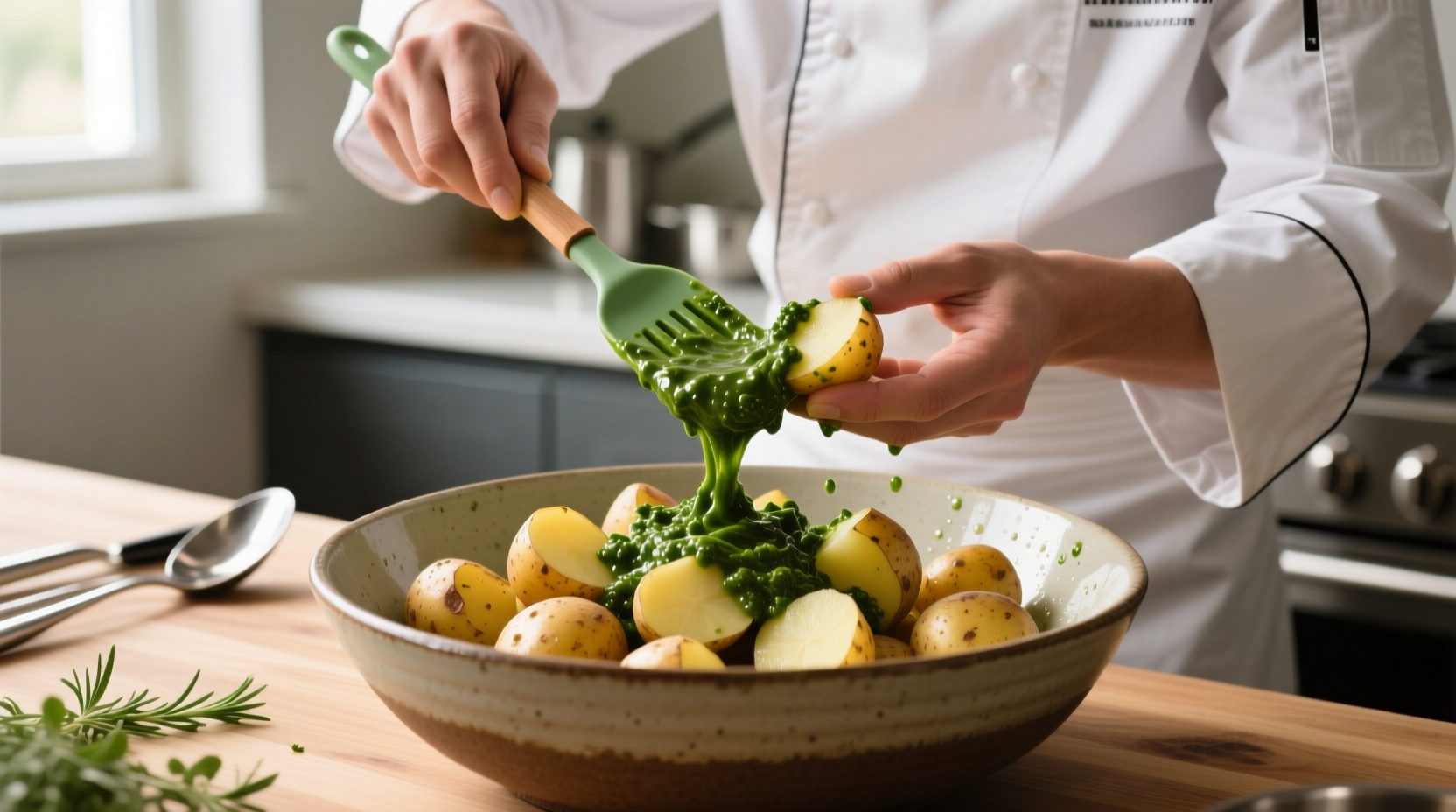 Chef folding dressing into cooled potato chunks