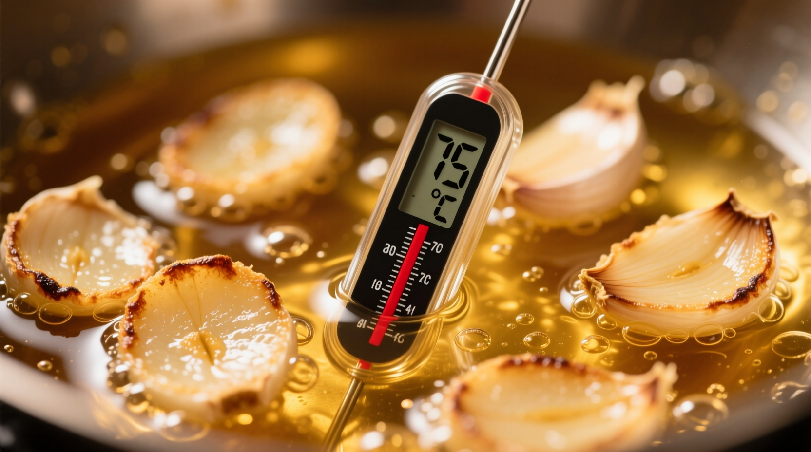 Golden fried garlic slices in oil with thermometer