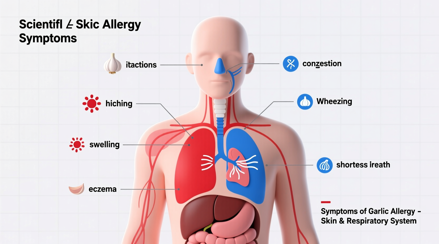 Garlic allergy symptoms diagram showing skin and respiratory reactions