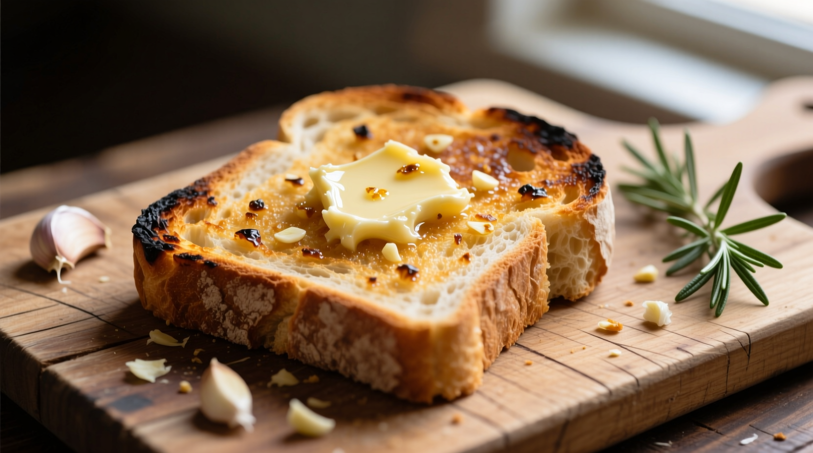 Golden brown garlic toast with visible garlic flecks on rustic bread