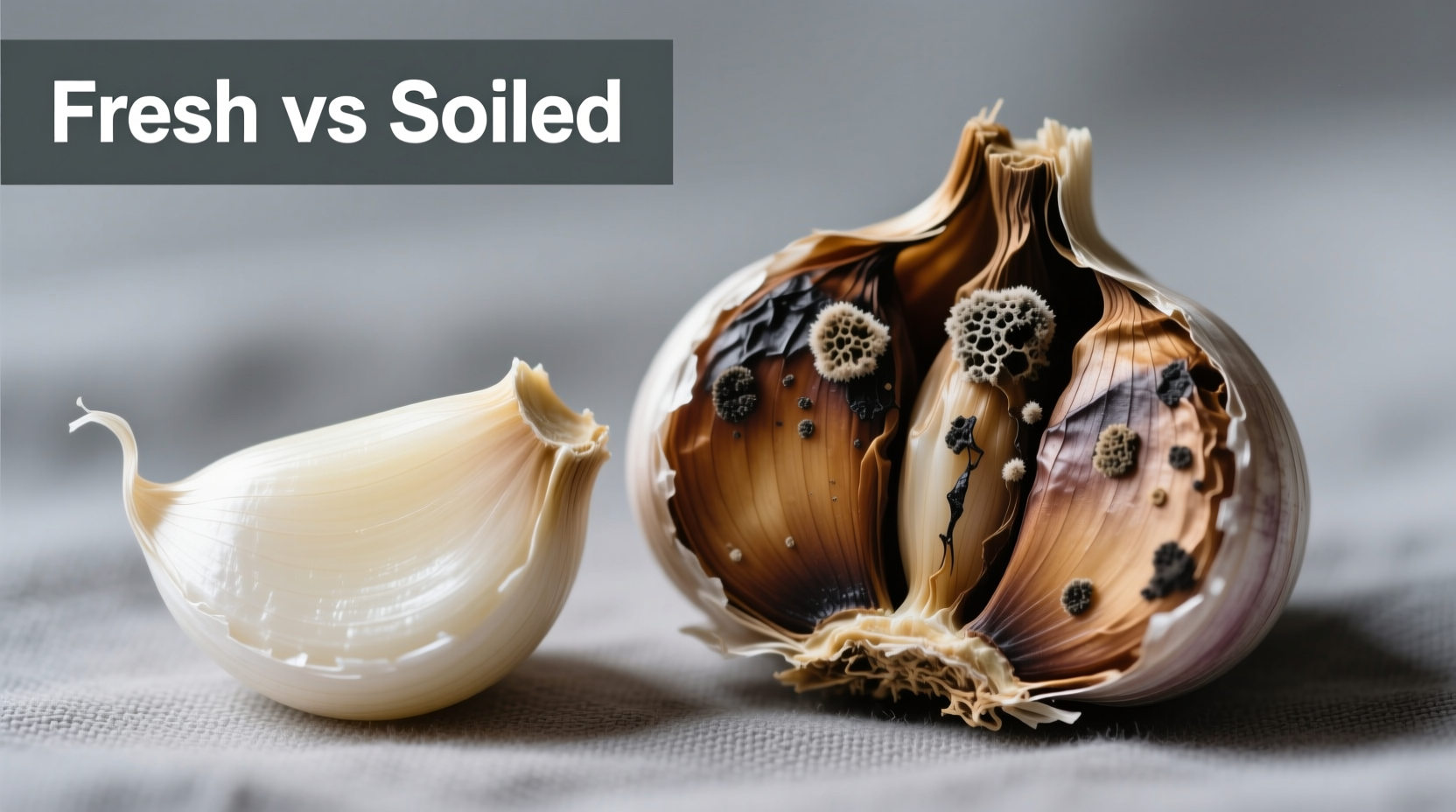 Close-up of fresh versus spoiled garlic cloves showing discoloration
