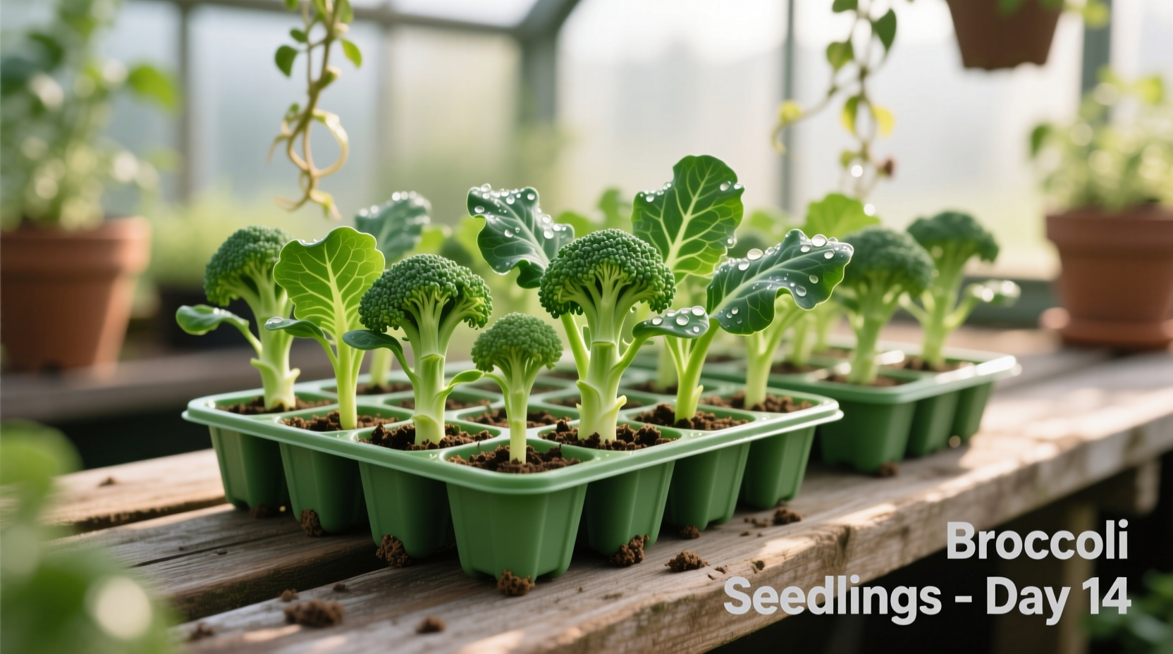 Broccoli seedlings growing in starter trays with healthy green leaves