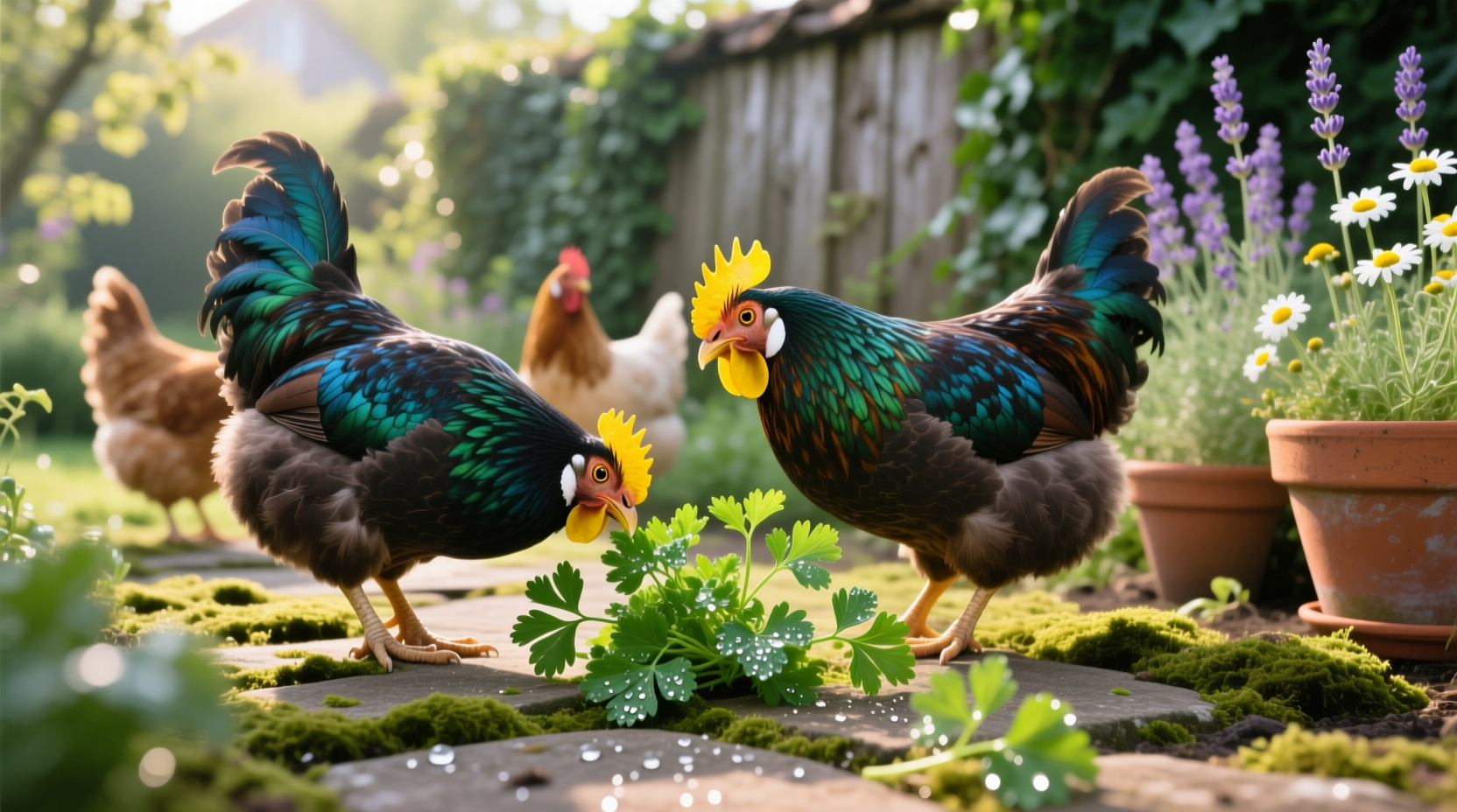 Chickens pecking at fresh parsley sprigs in a garden