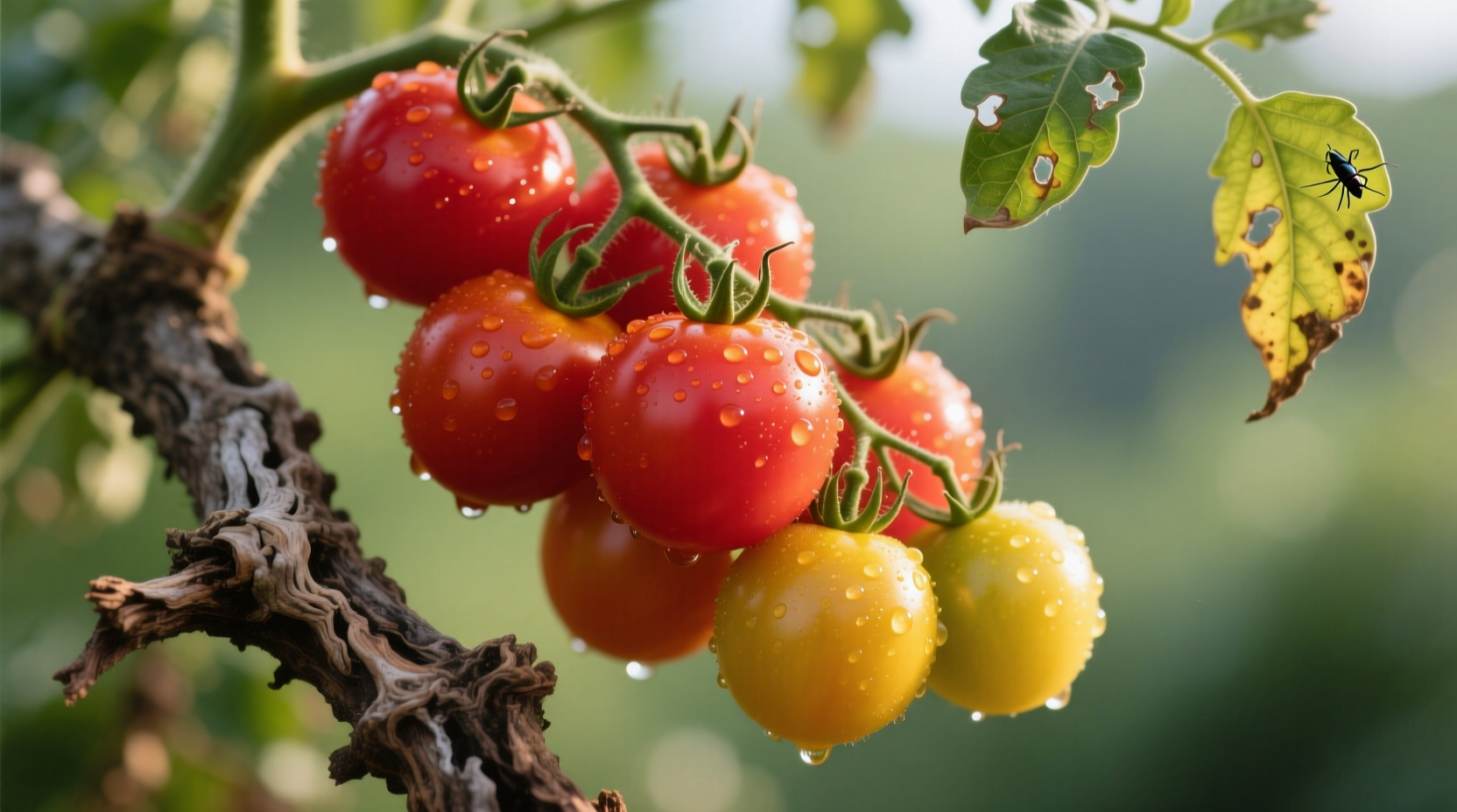 Ripe red and yellow tree tomatoes on branch