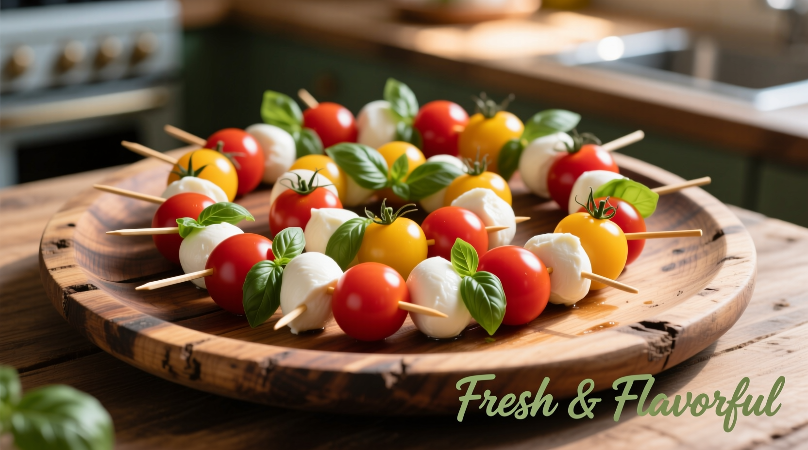 Colorful tomato and mozzarella skewers arranged on wooden platter