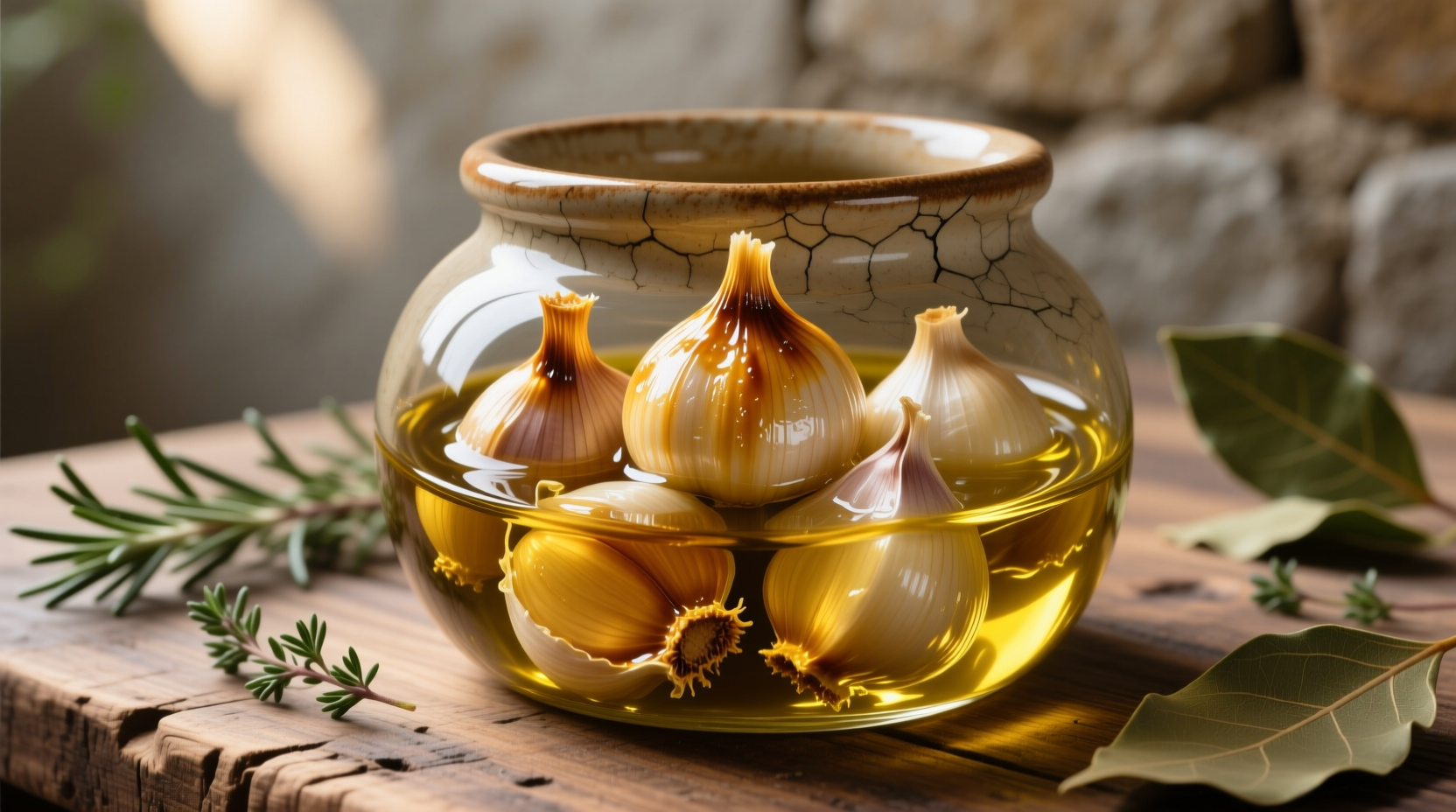 Golden confit garlic cloves submerged in olive oil