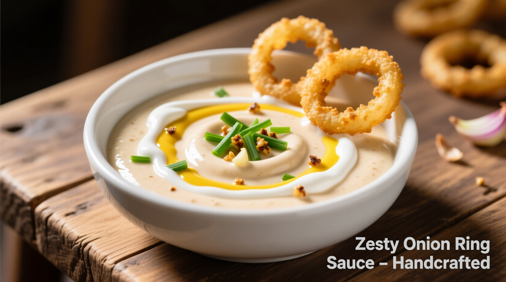 Creamy zesty onion ring sauce in white bowl
