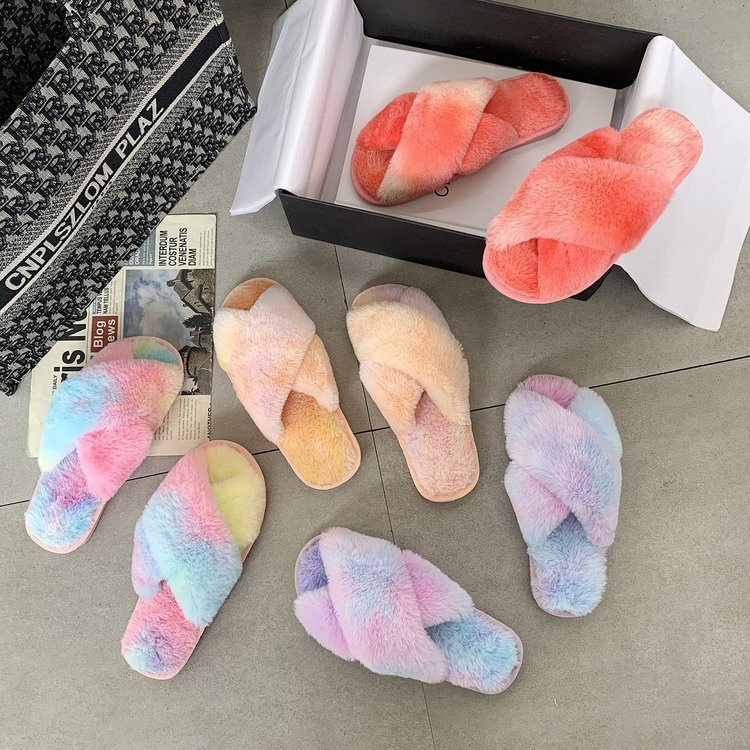 Indoor House Furry Slippers Women Winter Warm Shoes Slides Plush Flat Slipper