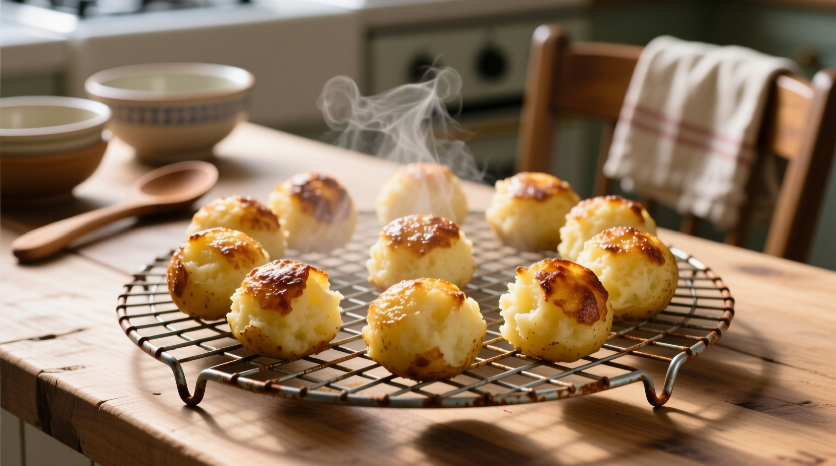 Golden brown mashed potato balls on cooling rack