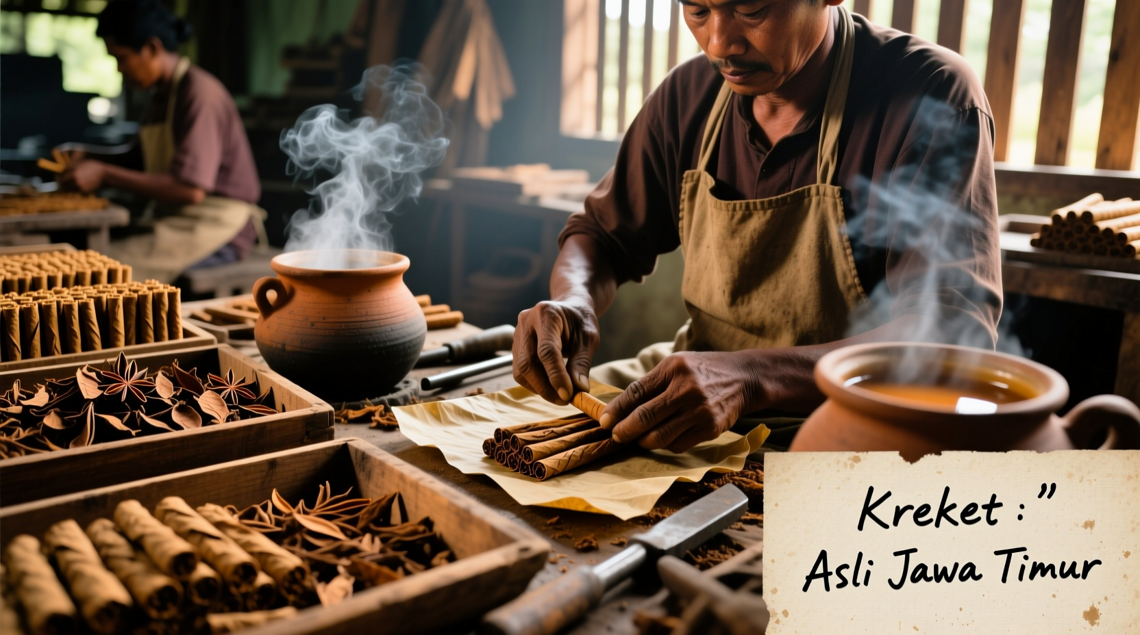 Traditional Indonesian kretek cigarette production