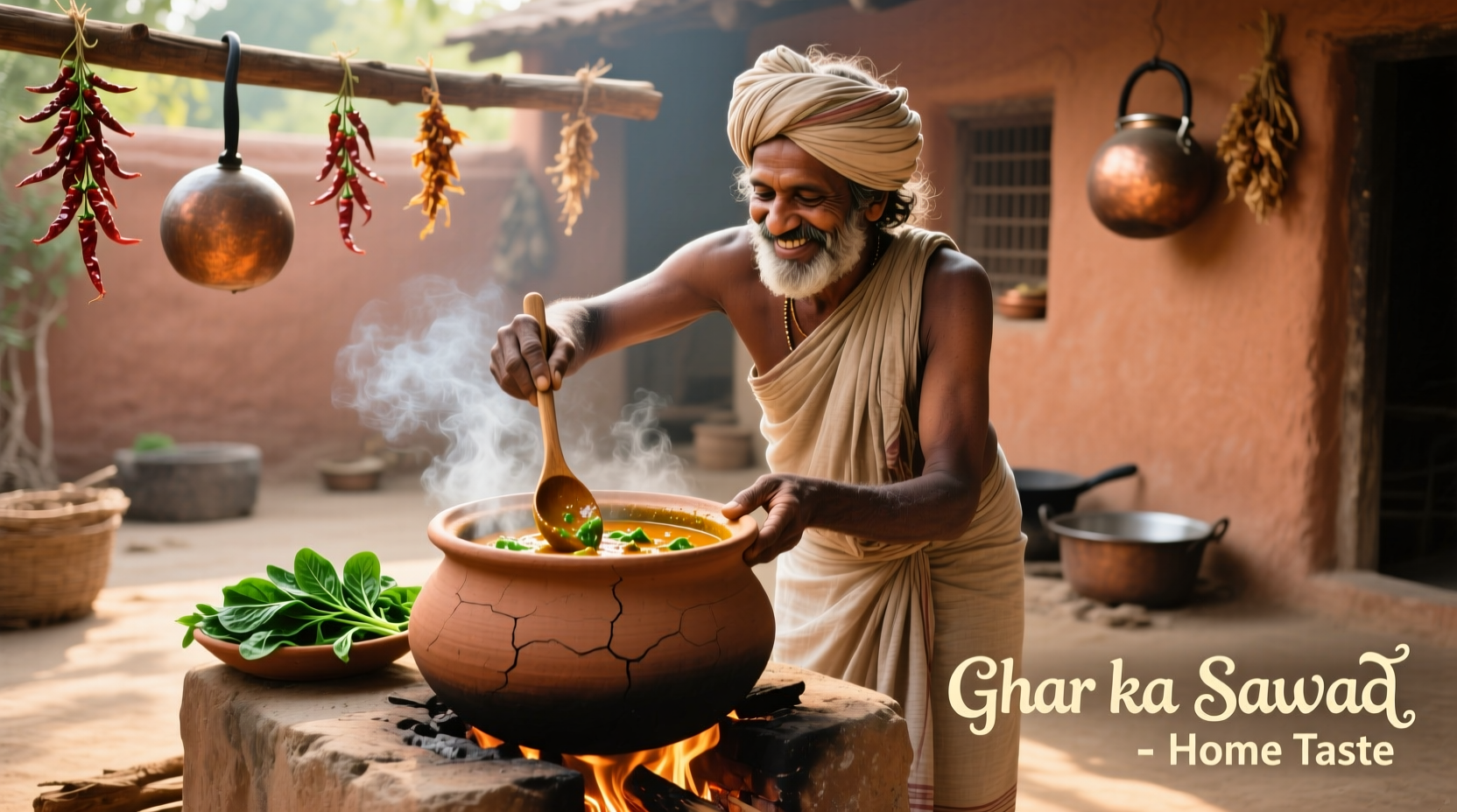 Traditional Indian cook preparing spinach curry in clay pot