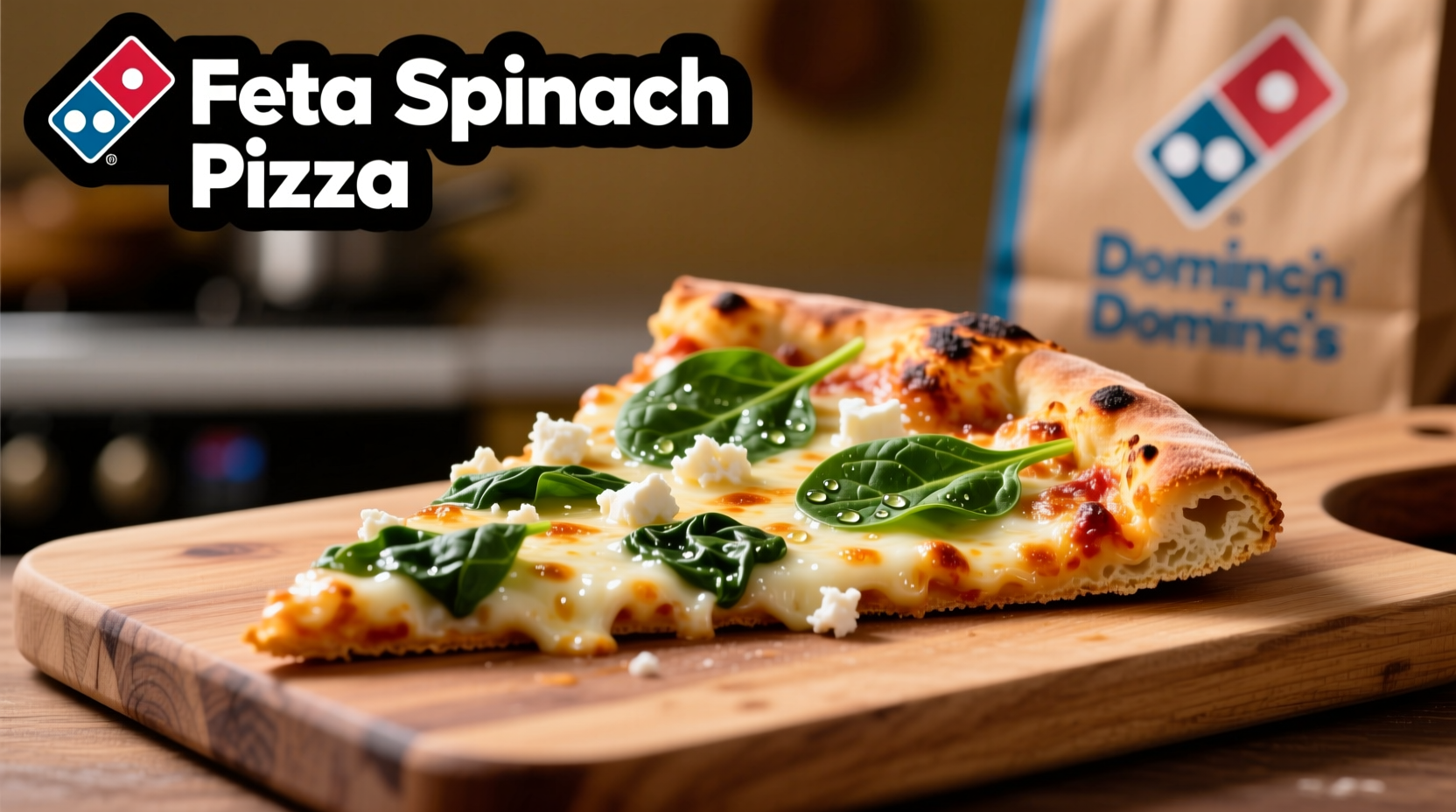 Domino's Feta Spinach Pizza slice showing melted cheese and spinach