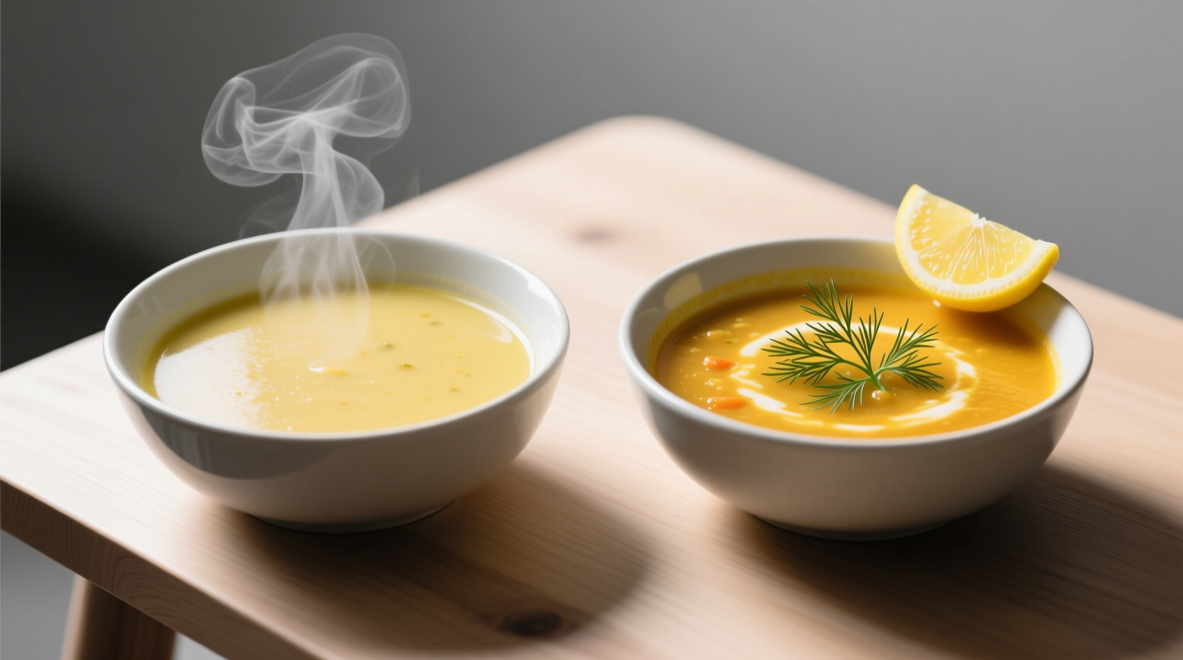 Two bowls: one with plain veggie soup, another with vibrant yellow soup garnished with dill and lemon wedge