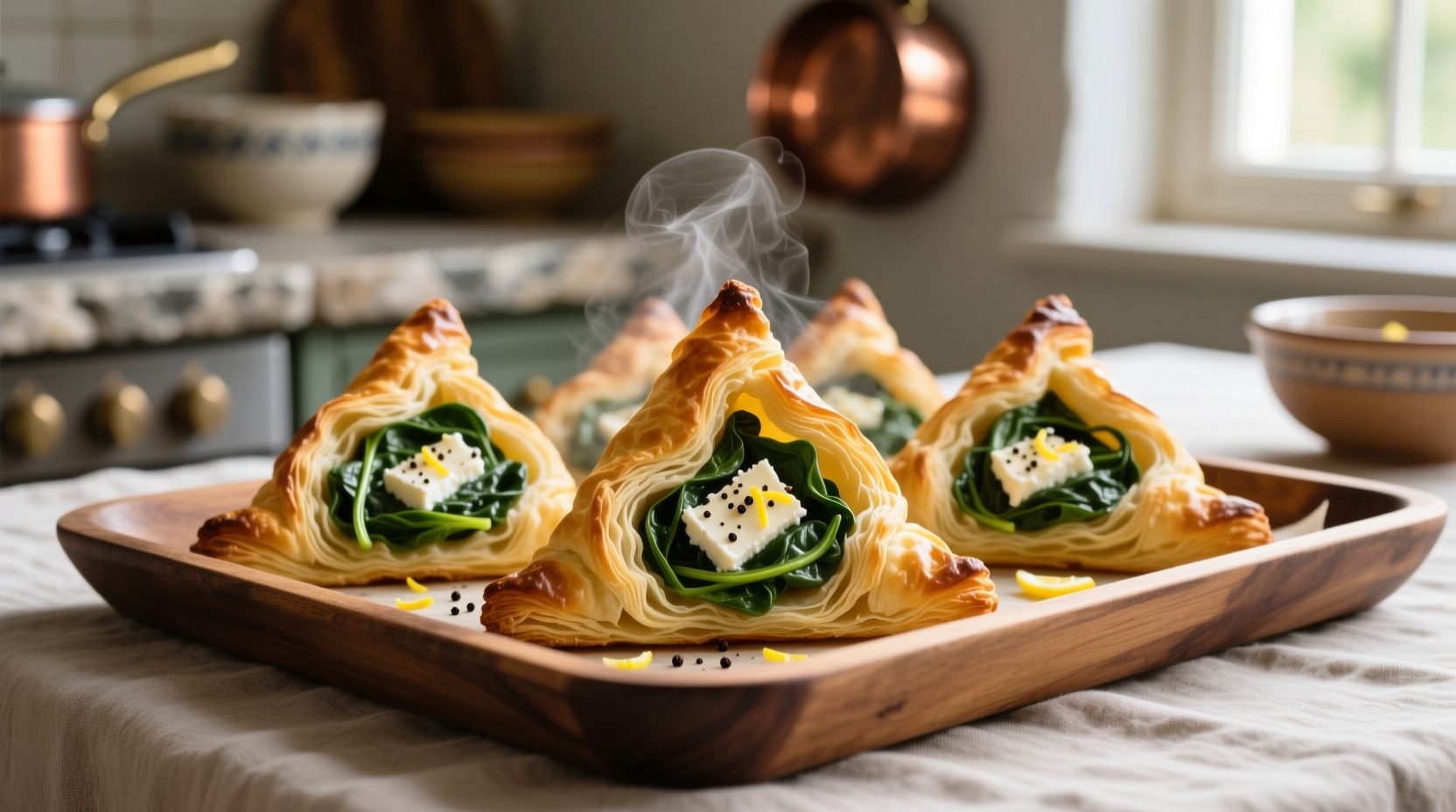 Golden spinach and feta cheese puff pastry triangles