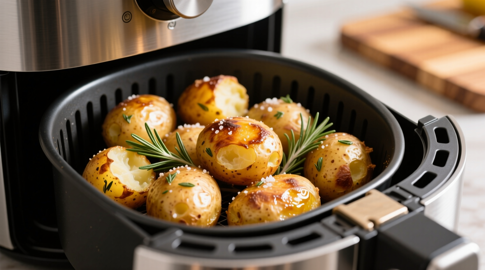 Crispy golden roast potatoes in air fryer basket