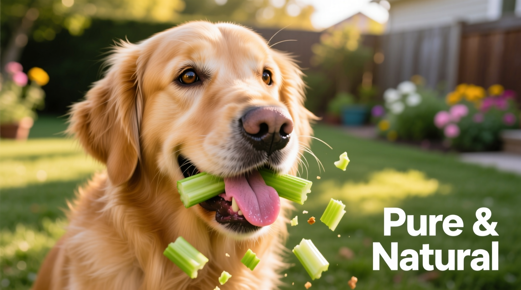 Golden Retriever eating small pieces of celery