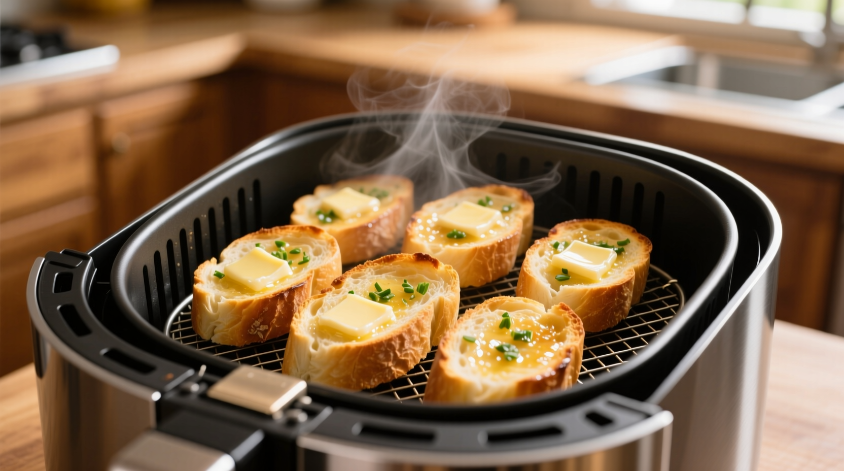 Perfect golden garlic bread in air fryer basket