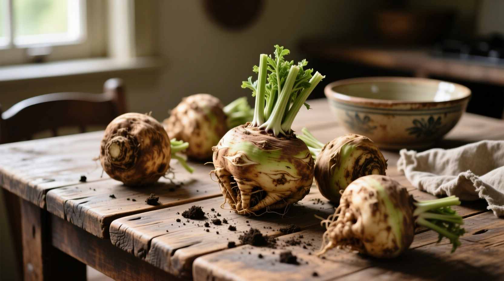 Celeriac root vegetables on wooden table
