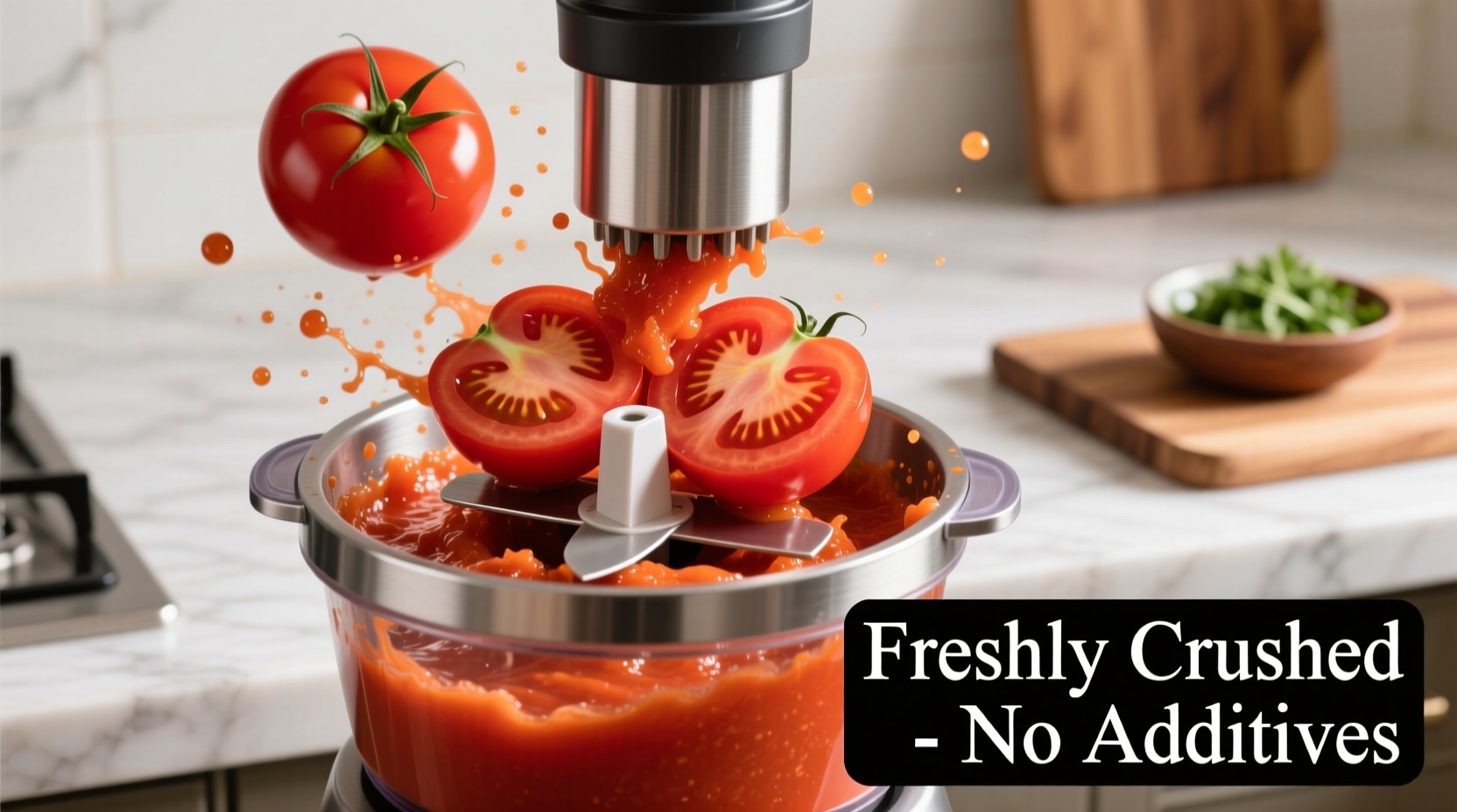 Fresh tomatoes being processed into crushed tomatoes