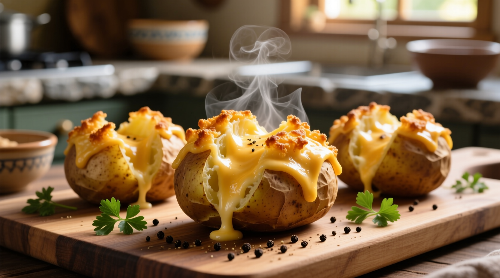 Golden baked potatoes with melted cheese topping