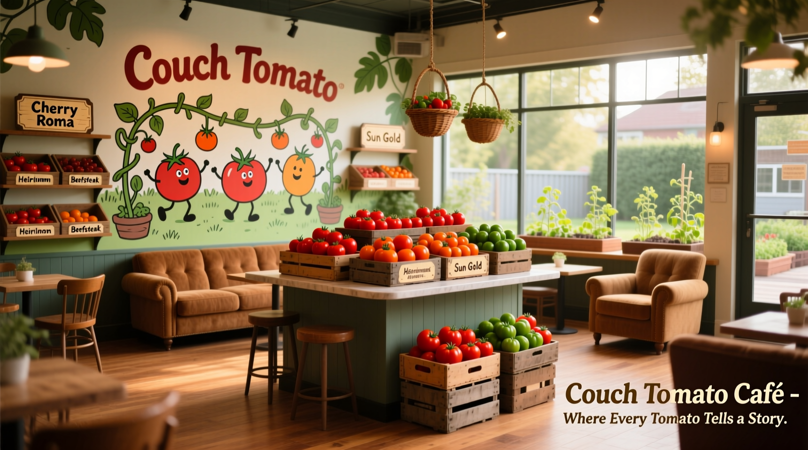 Couch Tomato Cafe interior with comfortable seating and tomato displays