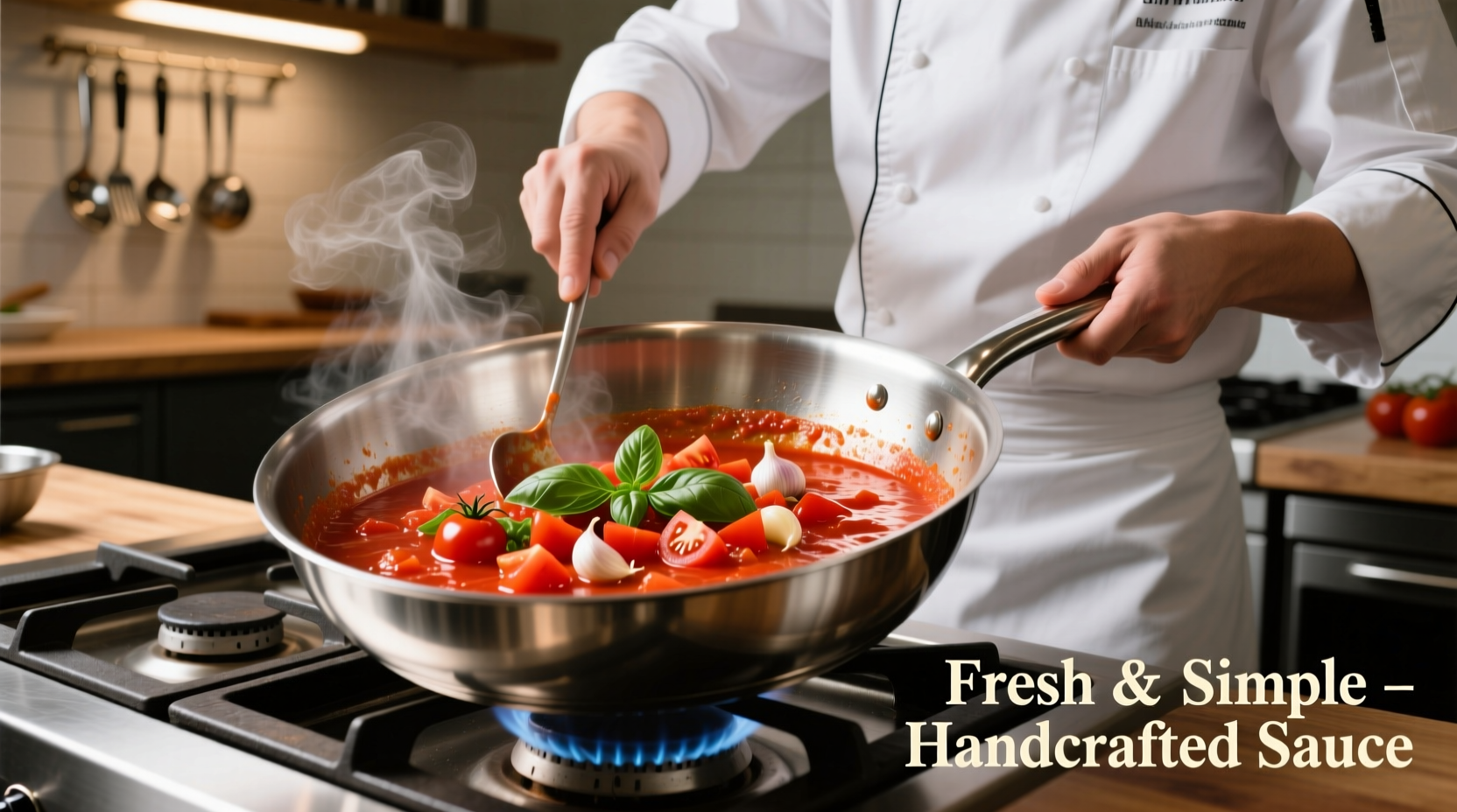 Chef preparing fresh tomato sauce in stainless steel pan