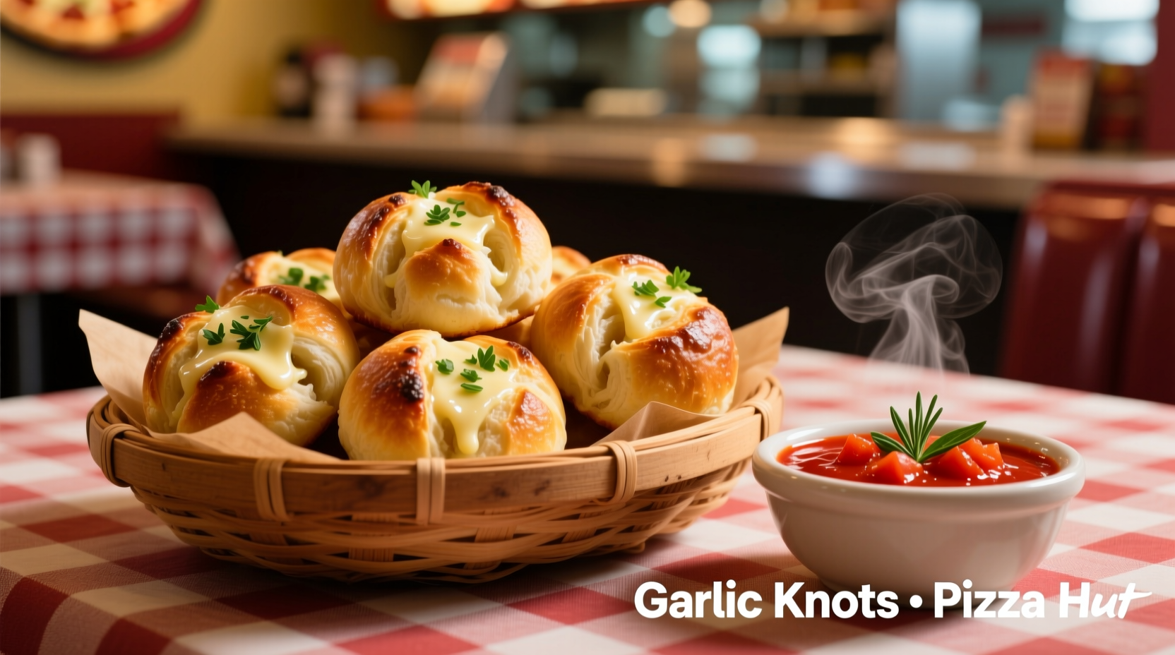 Pizza Hut garlic knots served with marinara dipping sauce