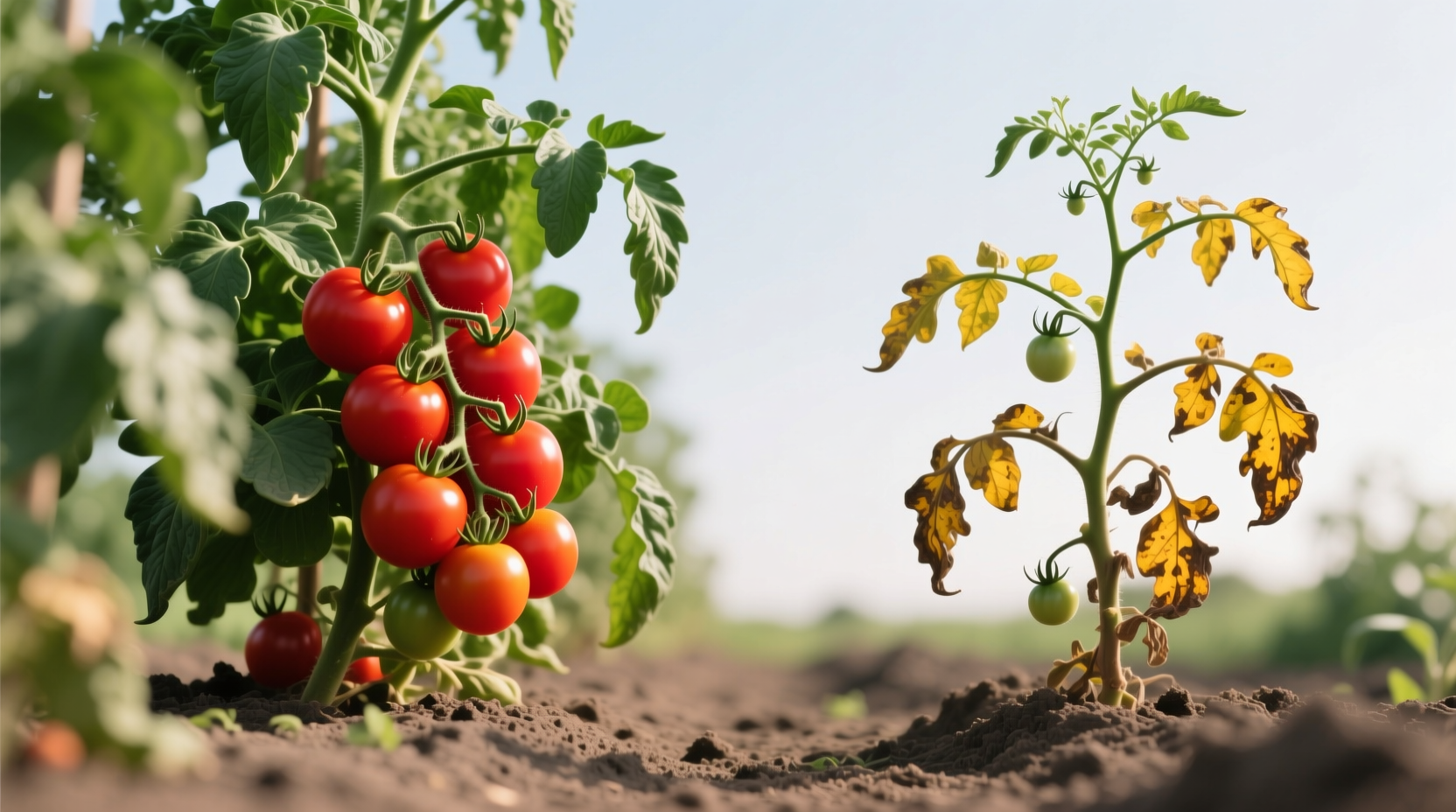 Side-by-side tomato plants: Left shows healthy red fruit with green leaves, right displays yellowing leaves and no fruit from over-fertilization