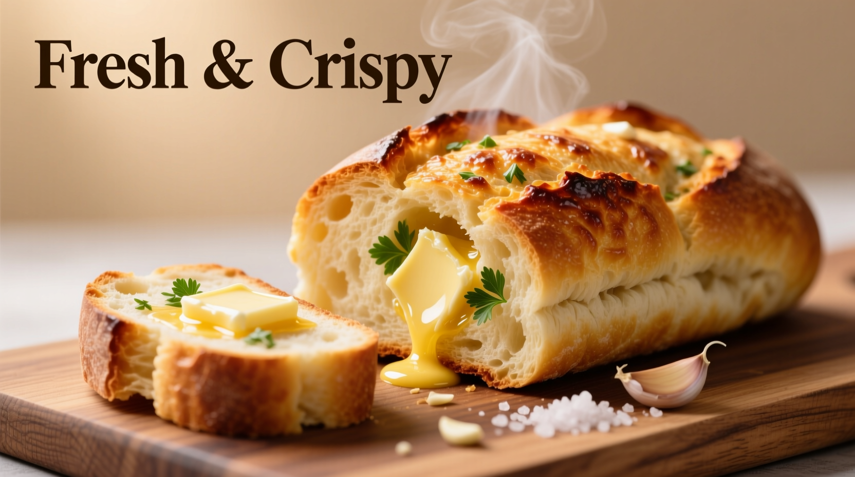 Freshly baked golden garlic bread with melted butter