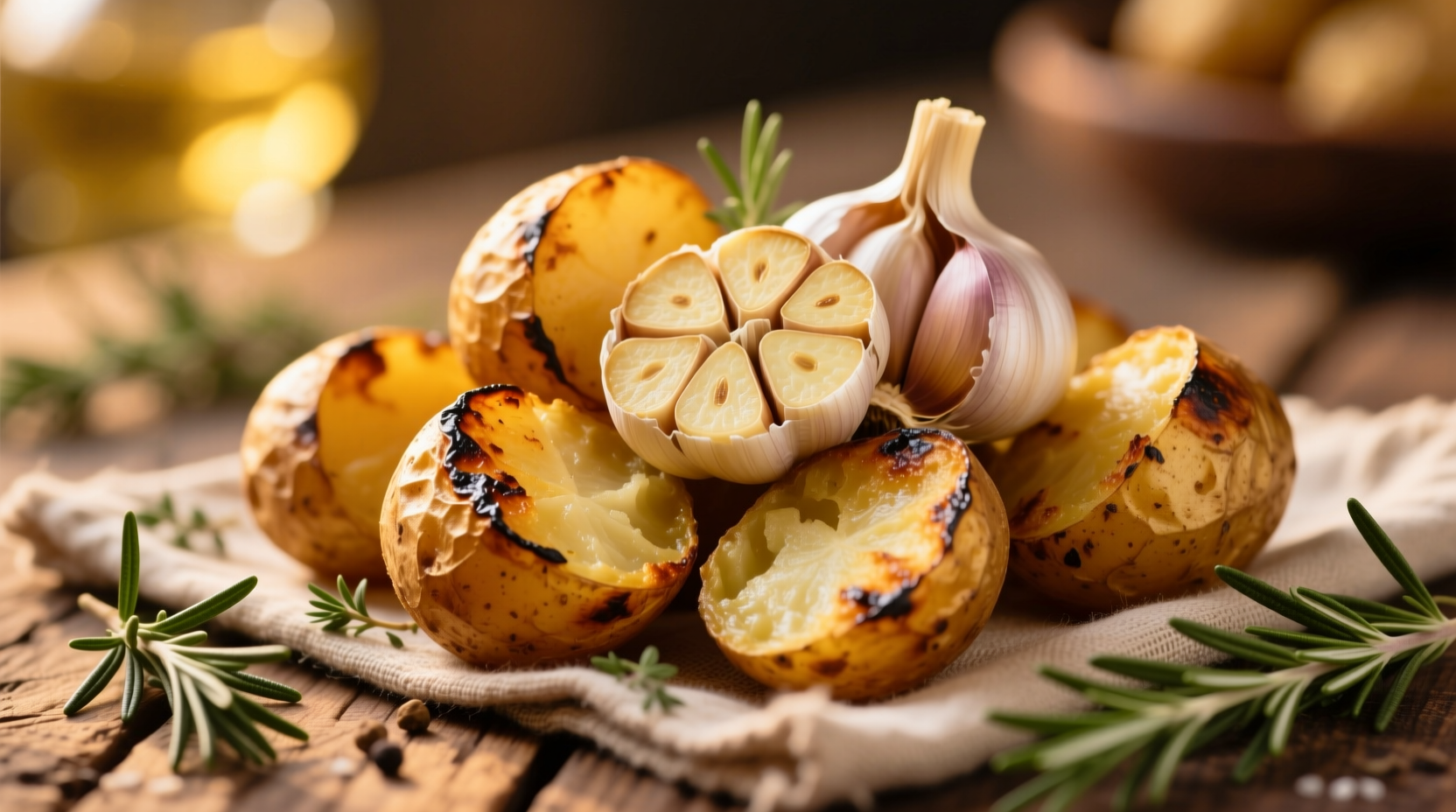 Golden roasted potatoes with whole garlic cloves