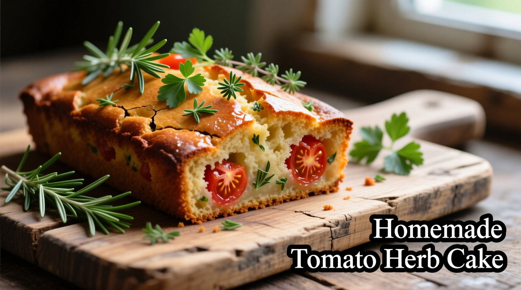 Freshly baked tomato cake with herbs on wooden board