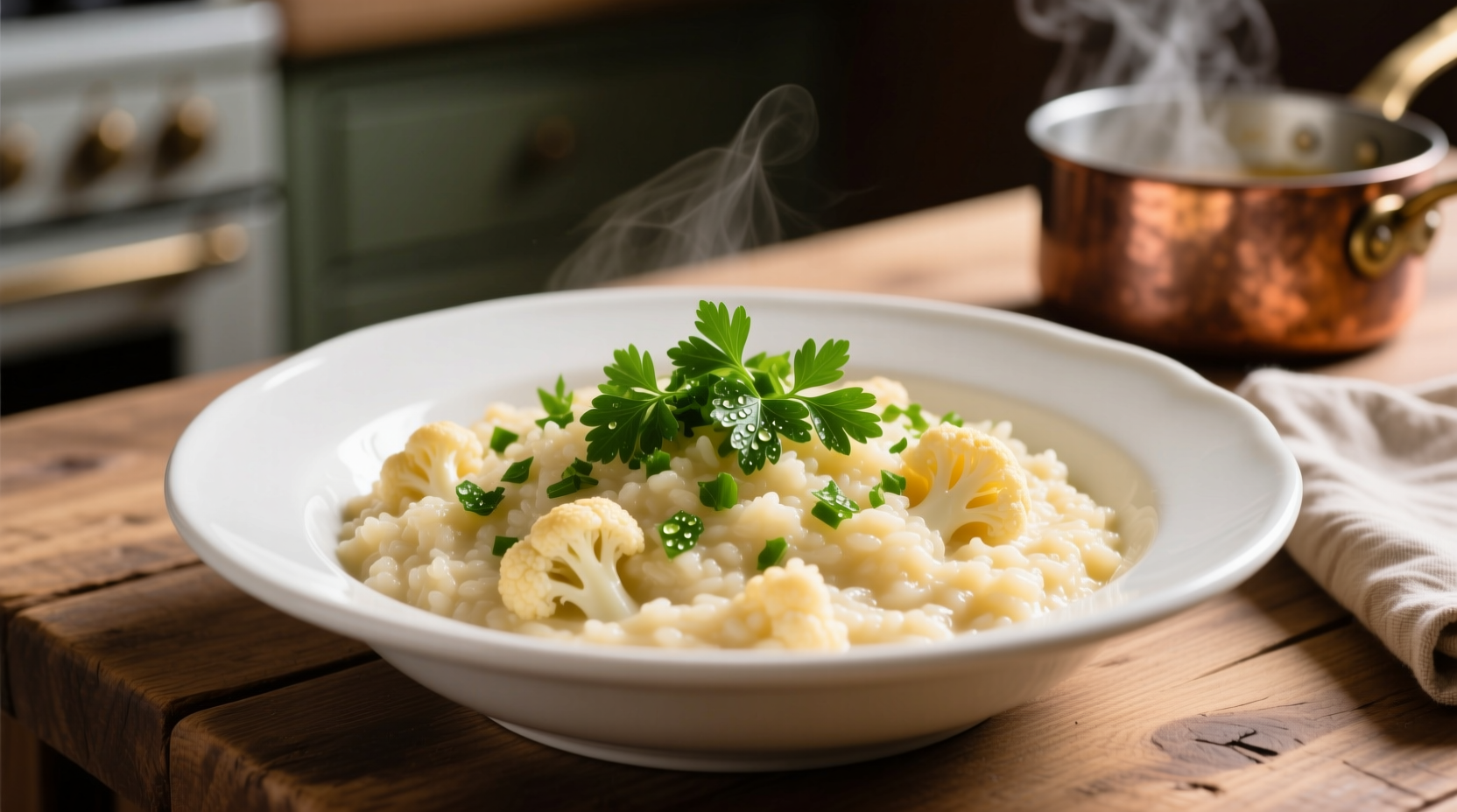 Creamy cauliflower risotto in white bowl with fresh parsley