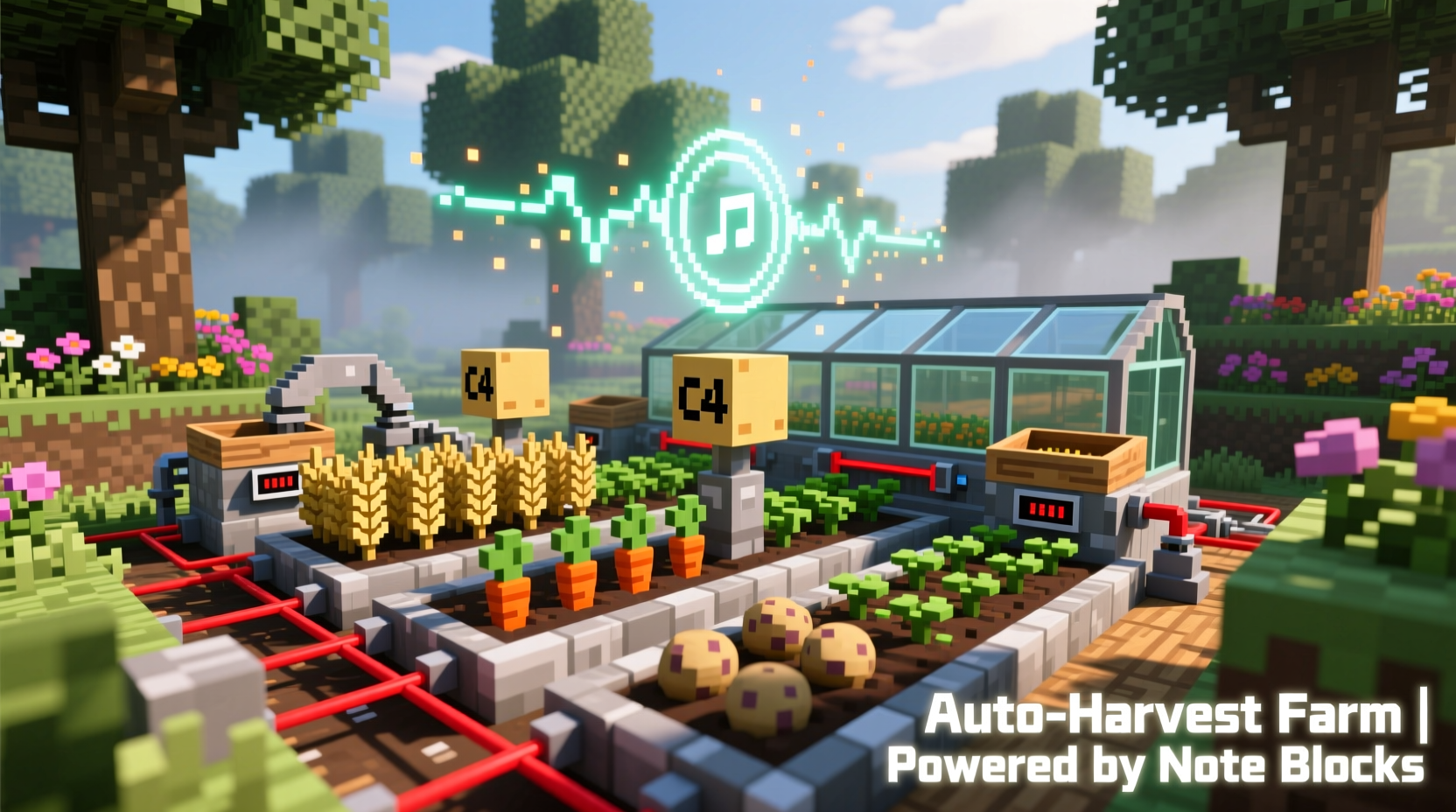 Minecraft automated farm using note blocks as harvest indicators