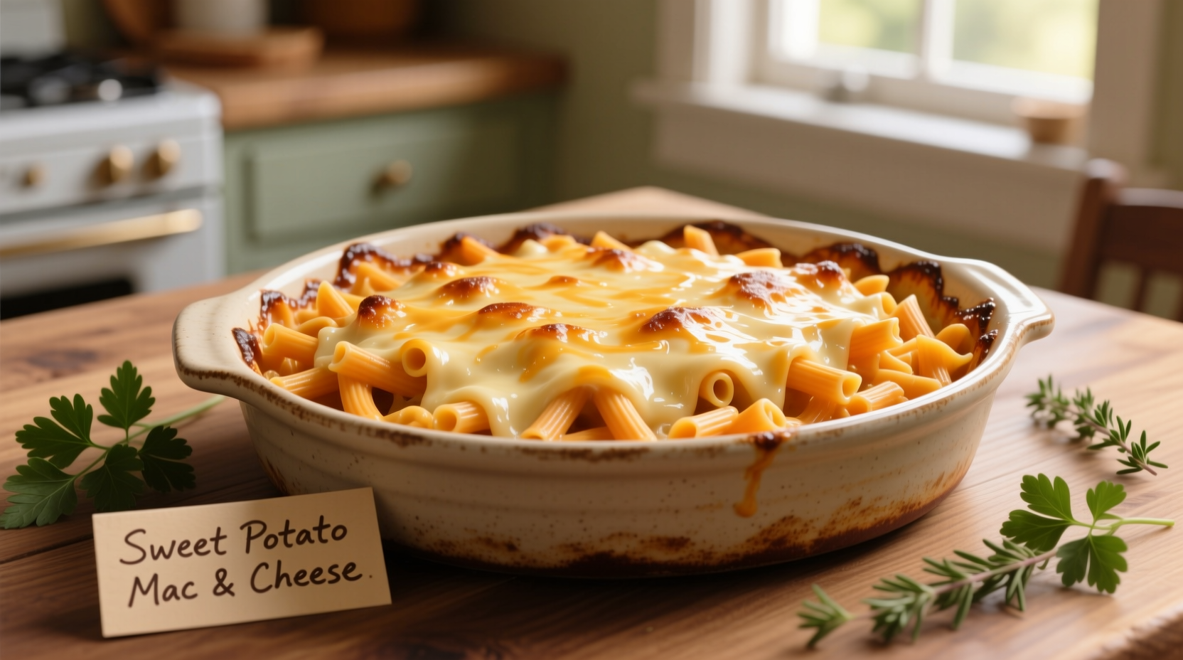 Creamy sweet potato mac cheese in baking dish