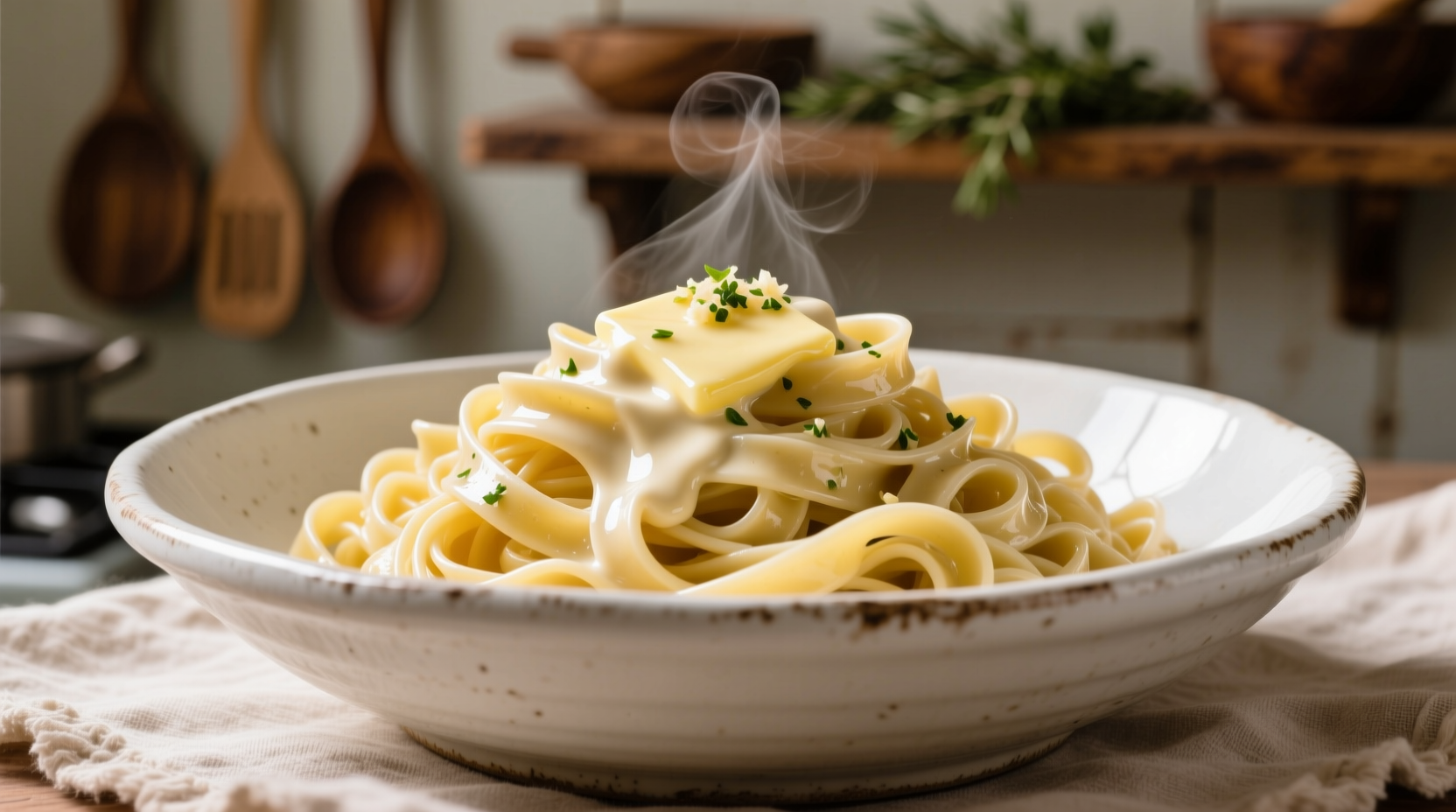 Creamy garlic butter sauce coating fettuccine in white bowl