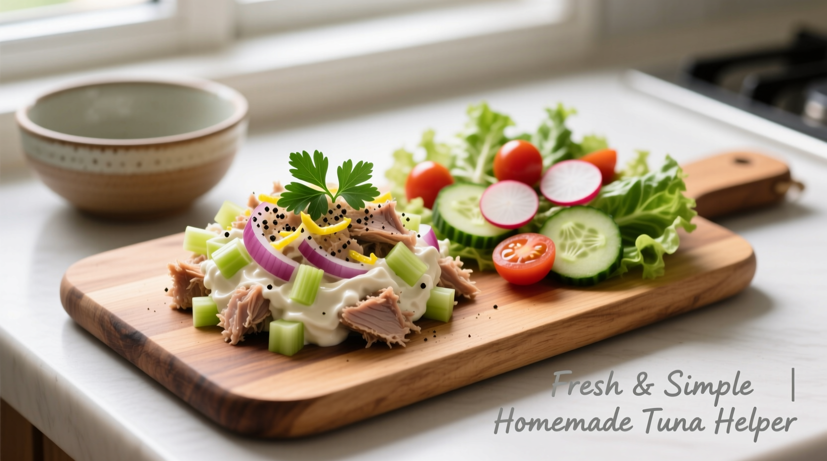 Homemade tuna helper served with side salad