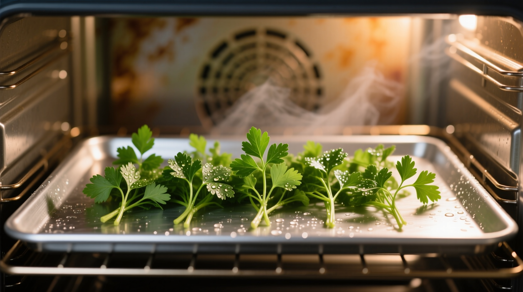 Fresh parsley spread on baking sheet in oven