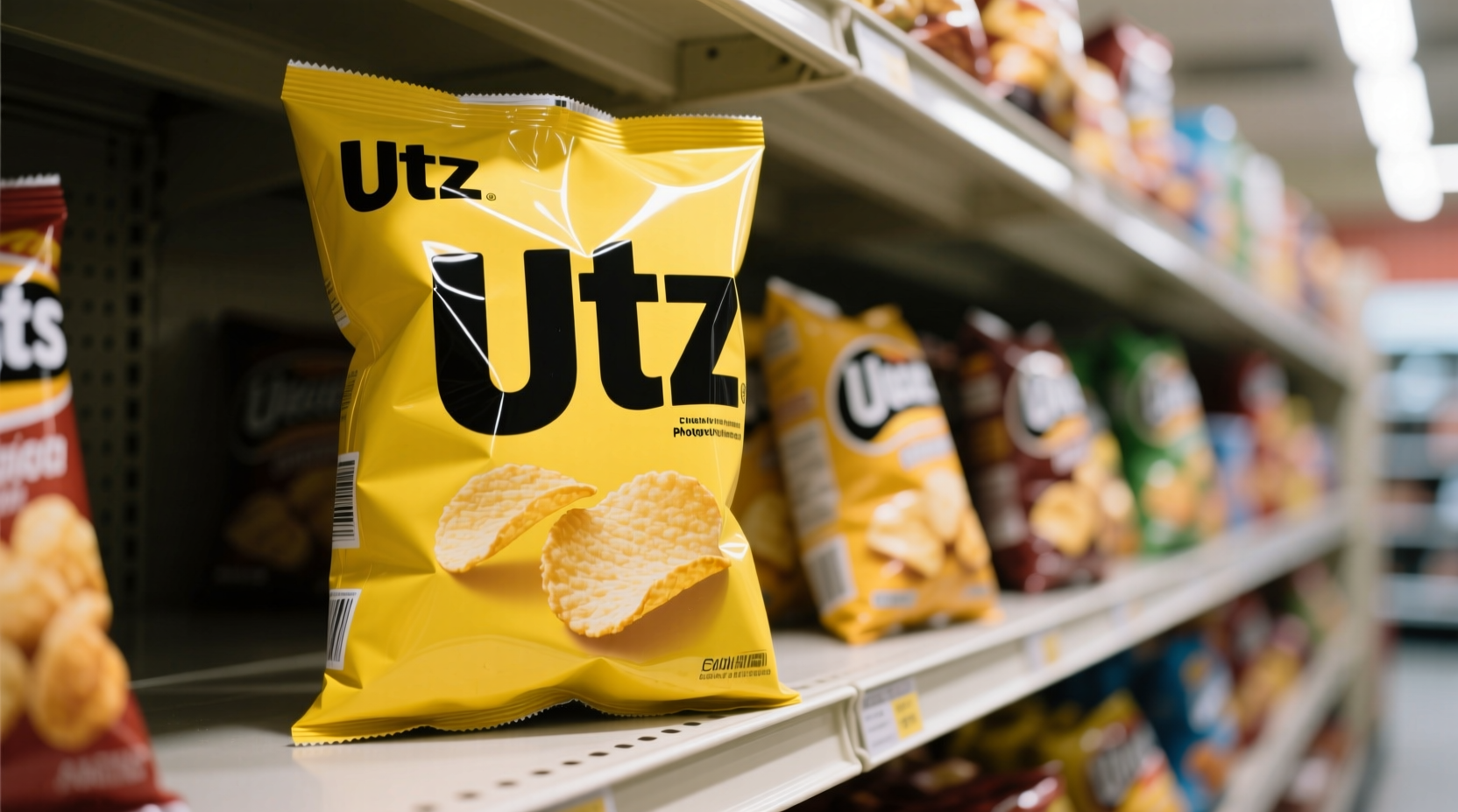 Utz potato chips in yellow packaging on grocery shelf