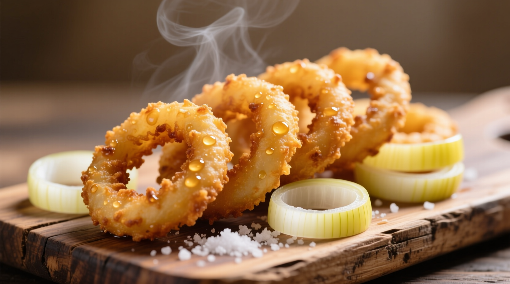 Freshly prepared onion rings on a wooden board